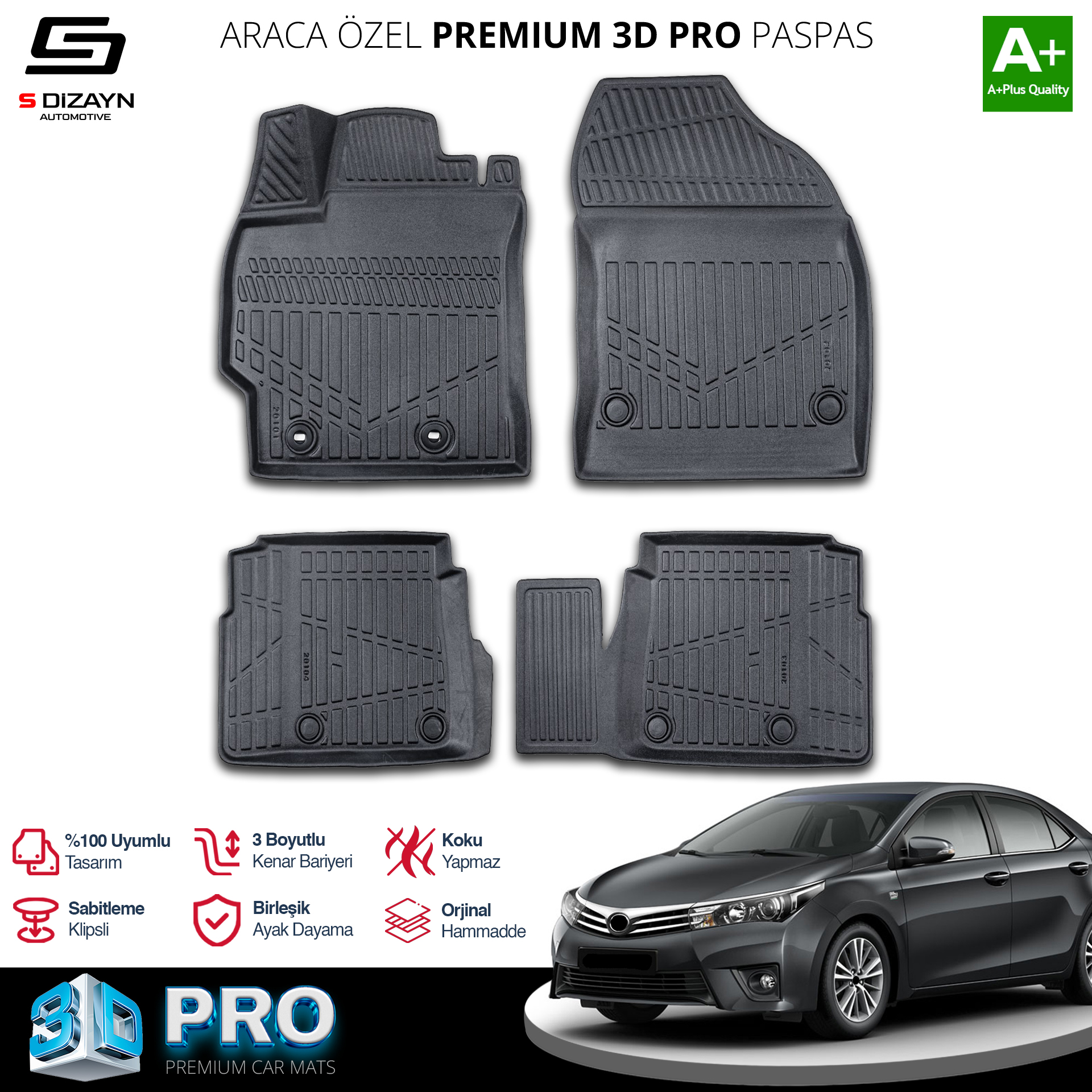 Toyota Corolla 3D Pro Havuzlu Paspas 2013-2018 A+ Kalite 2