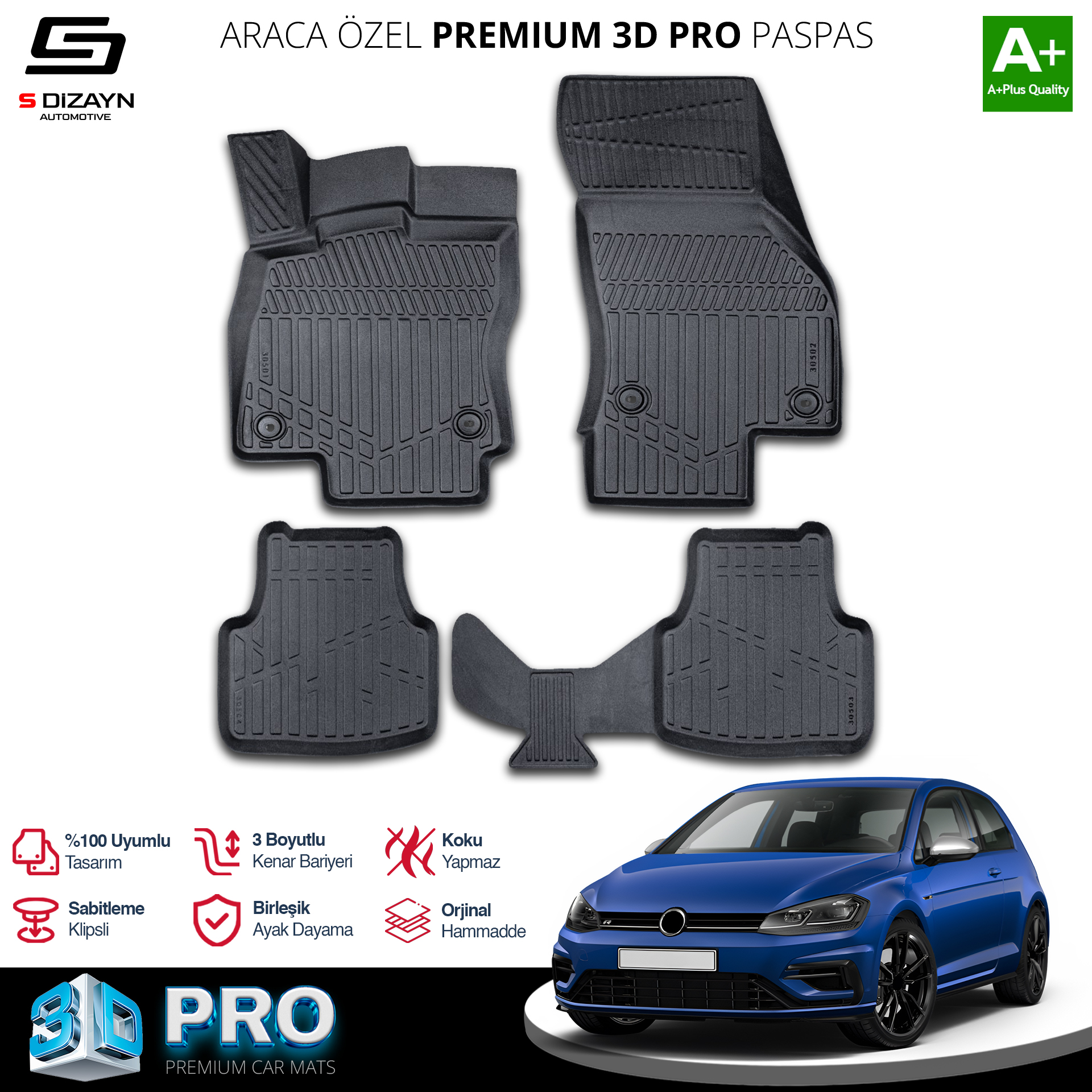 Volkswagen Golf 7 3D Pro Havuzlu Paspas 2012-2020 A+ Kalite 2